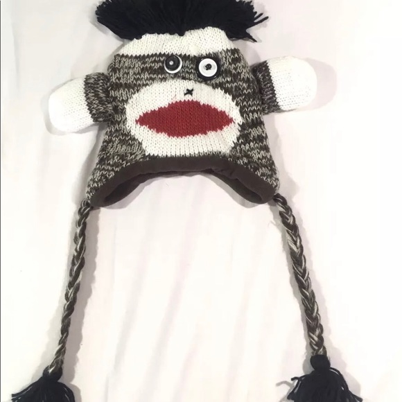 Beanie Fuzzy Tassels Brown Sock Monkey Warm Winter - Picture 1 of 7